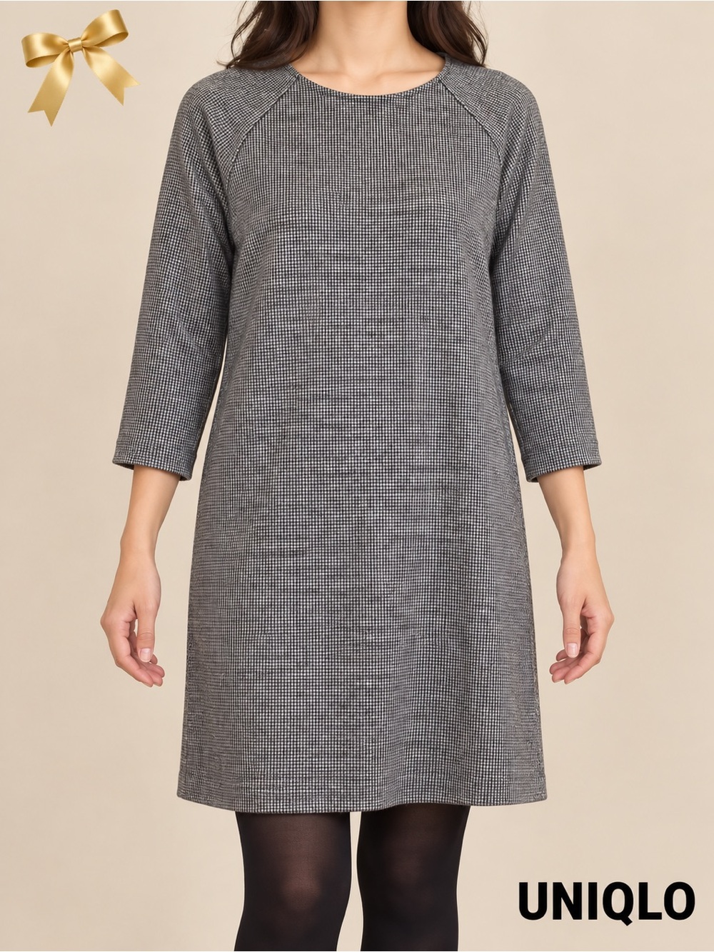 Uniqlo Houndstooth Wool  Blend Grey Shift Dress Medium